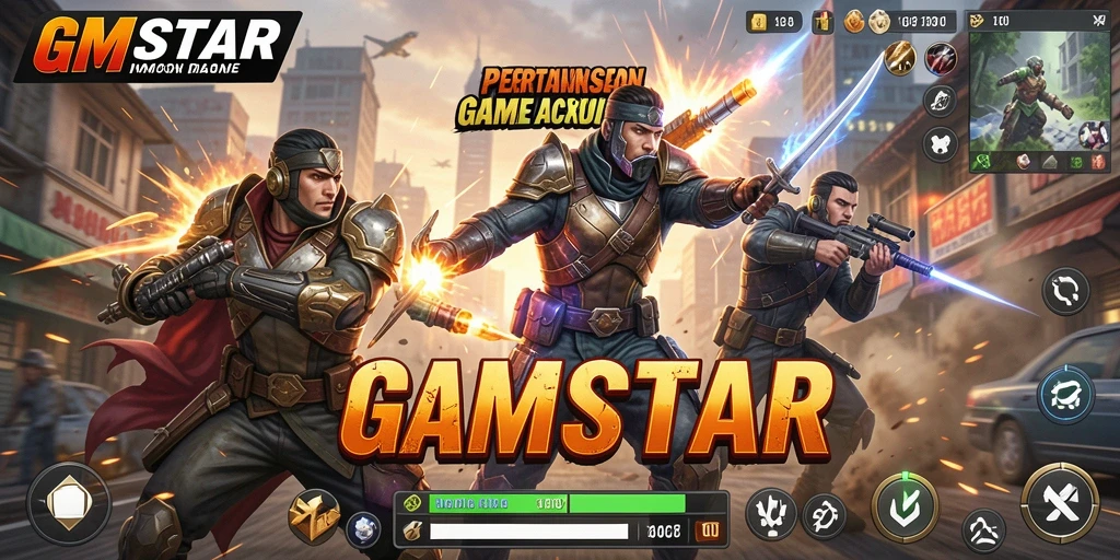 Tampilan gameplay seru dalam GMSTAR saat bertarung melawan berbagai musuh.