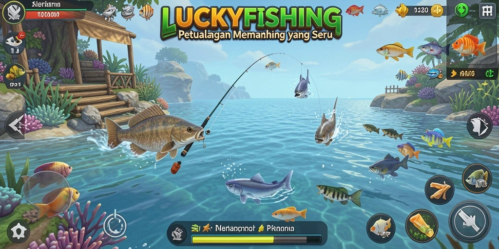 Screenshot LUCKYFISHING menampilkan momen menangkap ikan besar di lautan.