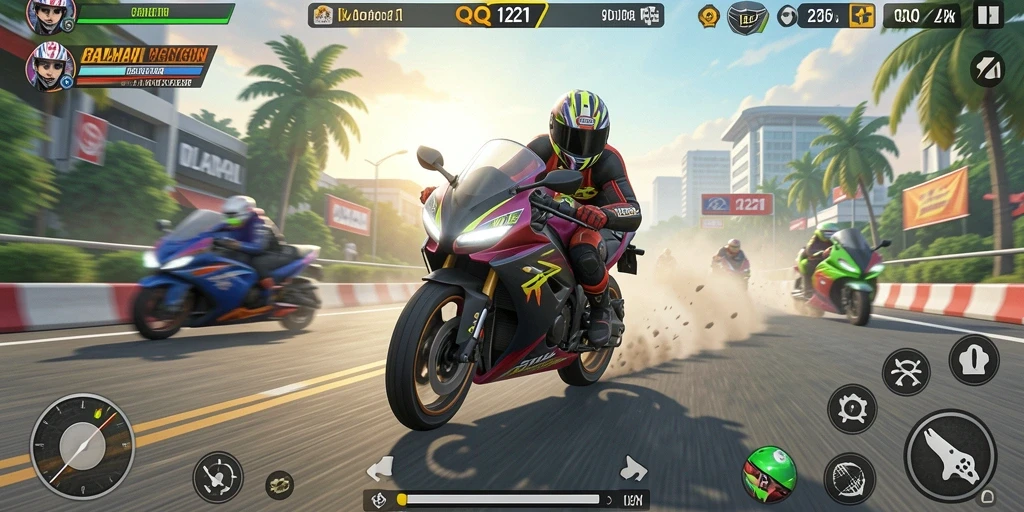 Screenshot gameplay QQ1221 menampilkan aksi balapan motor yang mendebarkan.