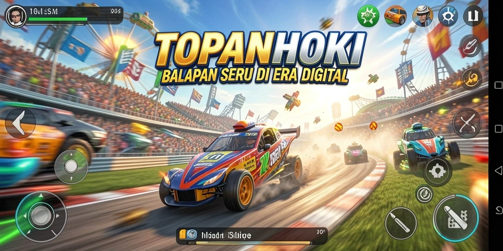 Screenshot gameplay TOPANHOKI menampilkan mobil balap yang sedang beraksi di trek yang mendebarkan.